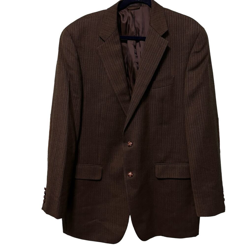 Ralph Lauren 100% Wool Sports Coat Elbow Patches Brown Black Herringbone 42L